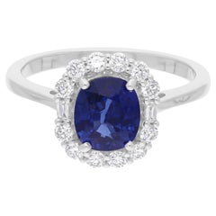 Anillo de zafiro azul natural SI/H Diamante Joyas de oro blanco de 14 quilates