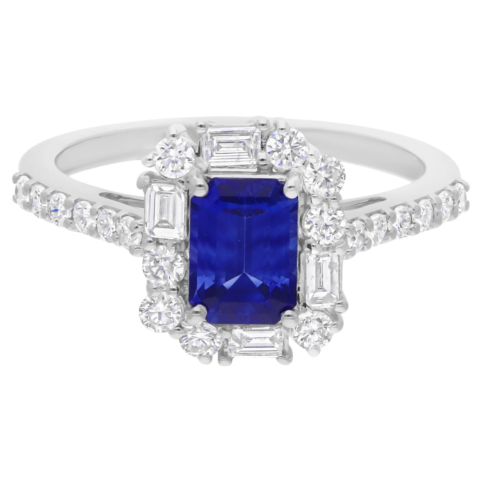 Natürlicher Blauer Saphir Edelstein Ring SI/H Diamant 18 Karat Weißgold Schmuck
