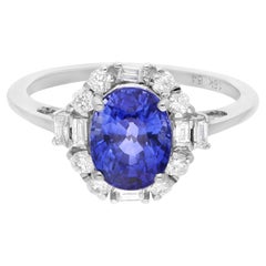 Natural Blue Sapphire Gemstone Ring SI/HI Diamond 18 Karat White Gold Jewelry