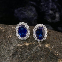 Natural Blue Sapphire Gemstone Stud Earrings Diamond 14 Karat White Gold Jewelry