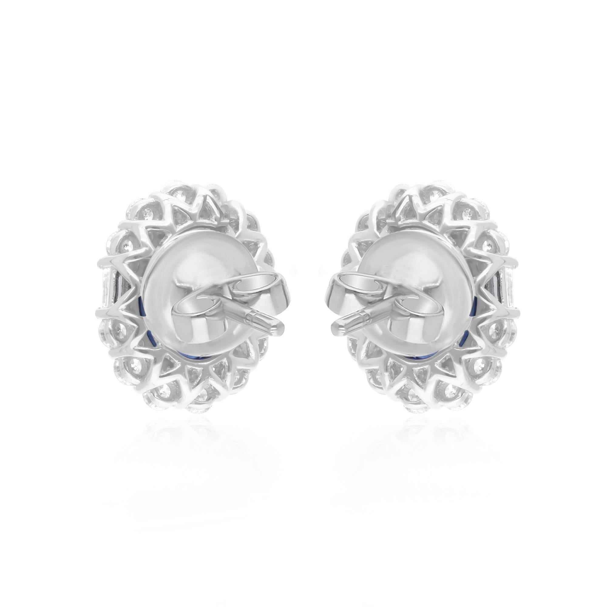 Oval Cut Natural Blue Sapphire Gemstone Stud Earrings Diamond 14 Karat White Gold Jewelry For Sale