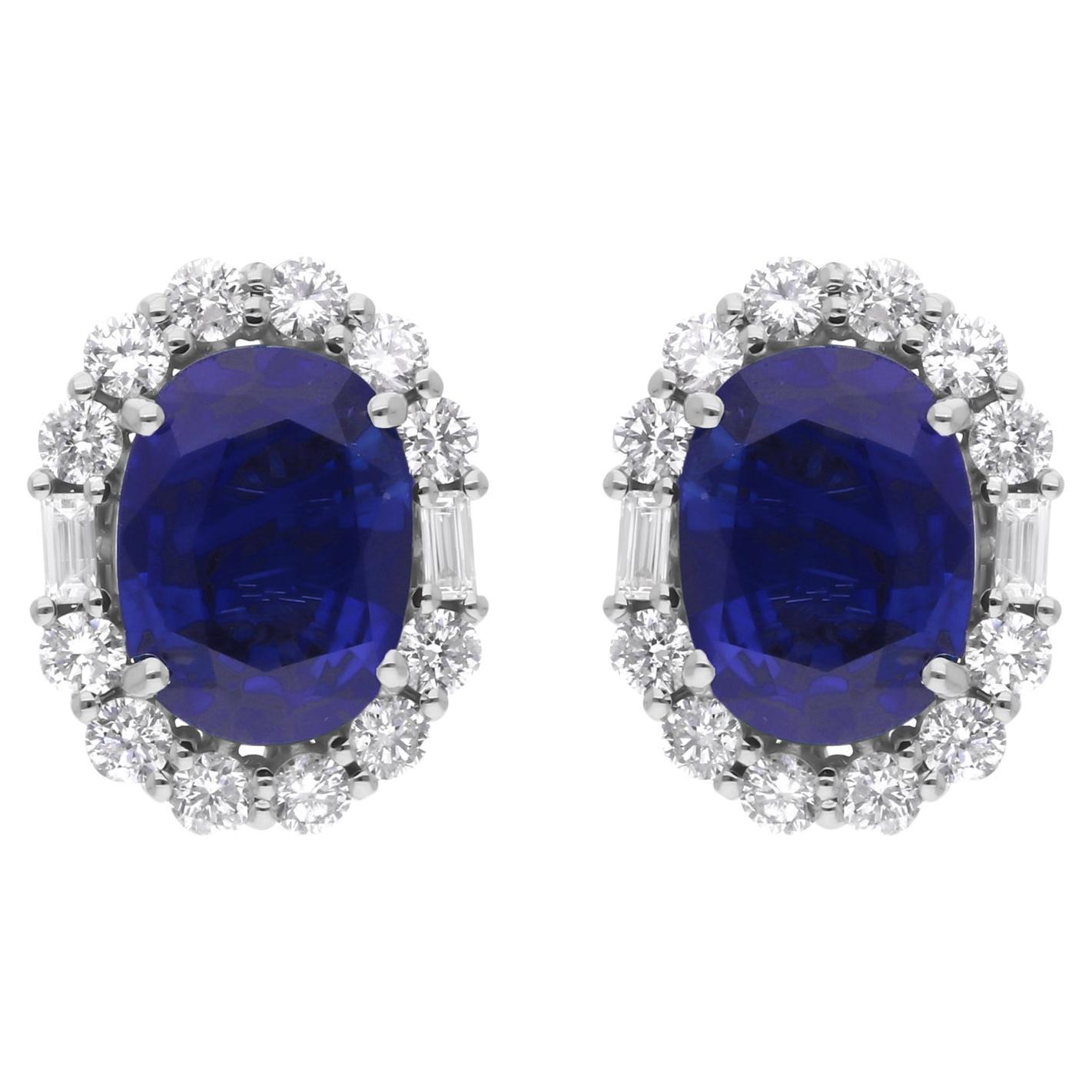 Natural Blue Sapphire Gemstone Stud Earrings Diamond 14 Karat White Gold Jewelry