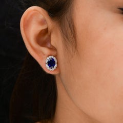 Natural Blue Sapphire Gemstone Stud Earrings Diamond 18 Karat White Gold Jewelry