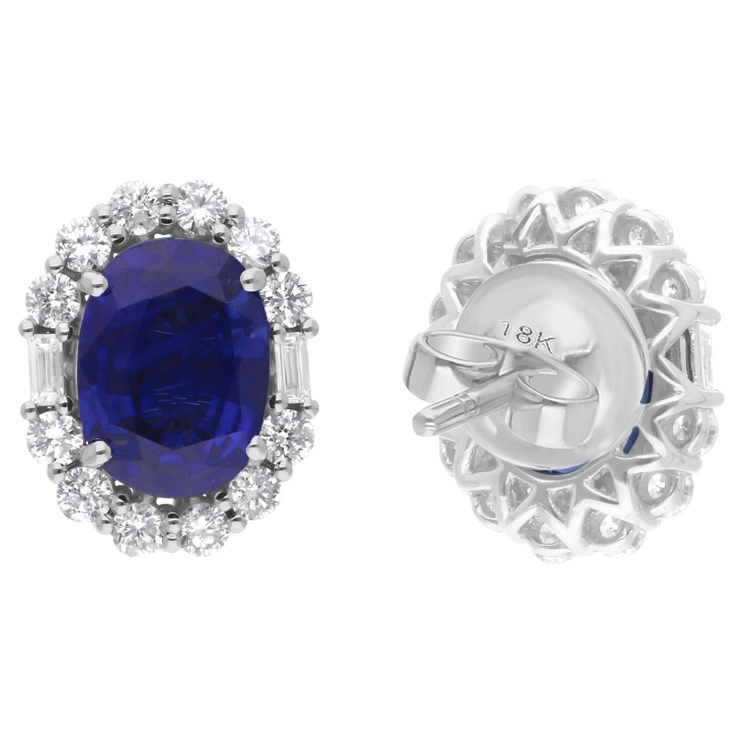 Natural Blue Sapphire Gemstone Stud Earrings Diamond 18 Karat White Gold Jewelry