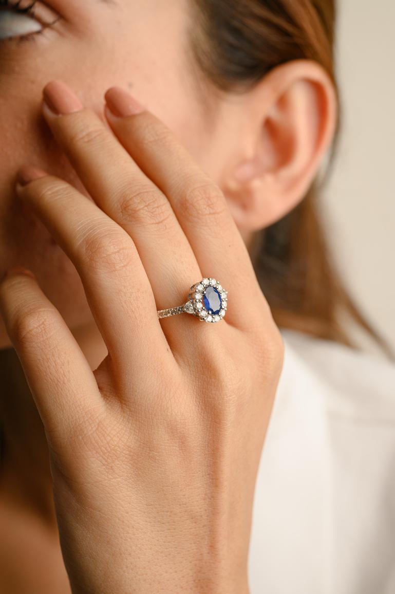 For Sale:  Natural Blue Sapphire Halo Ring with Cluster of Diamonds 18k White Gold 2
