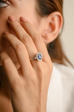 Natural Blue Sapphire Halo Ring with Cluster of Diamonds 18k White Gold