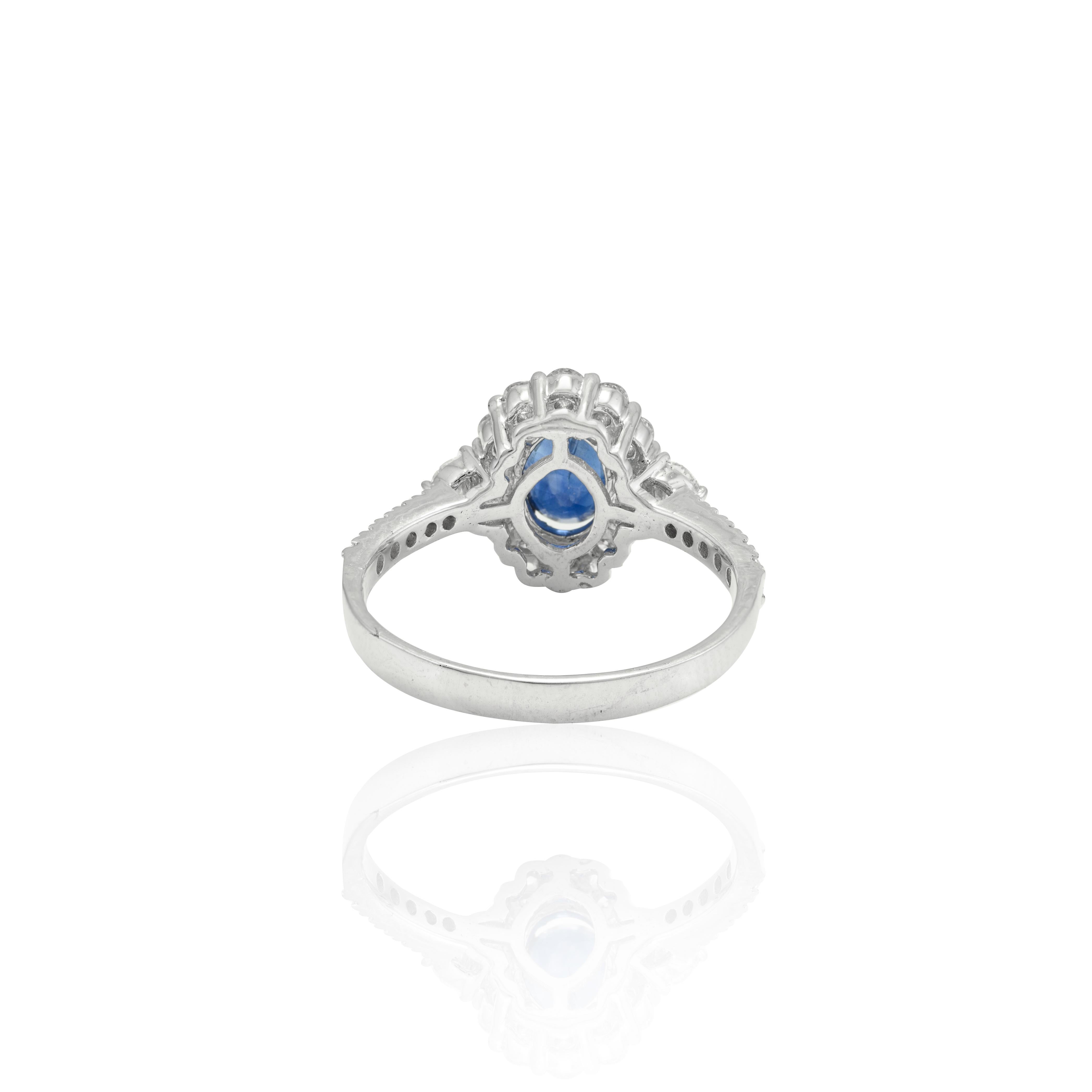 For Sale:  Natural Blue Sapphire Halo Ring with Cluster of Diamonds 18k White Gold 3