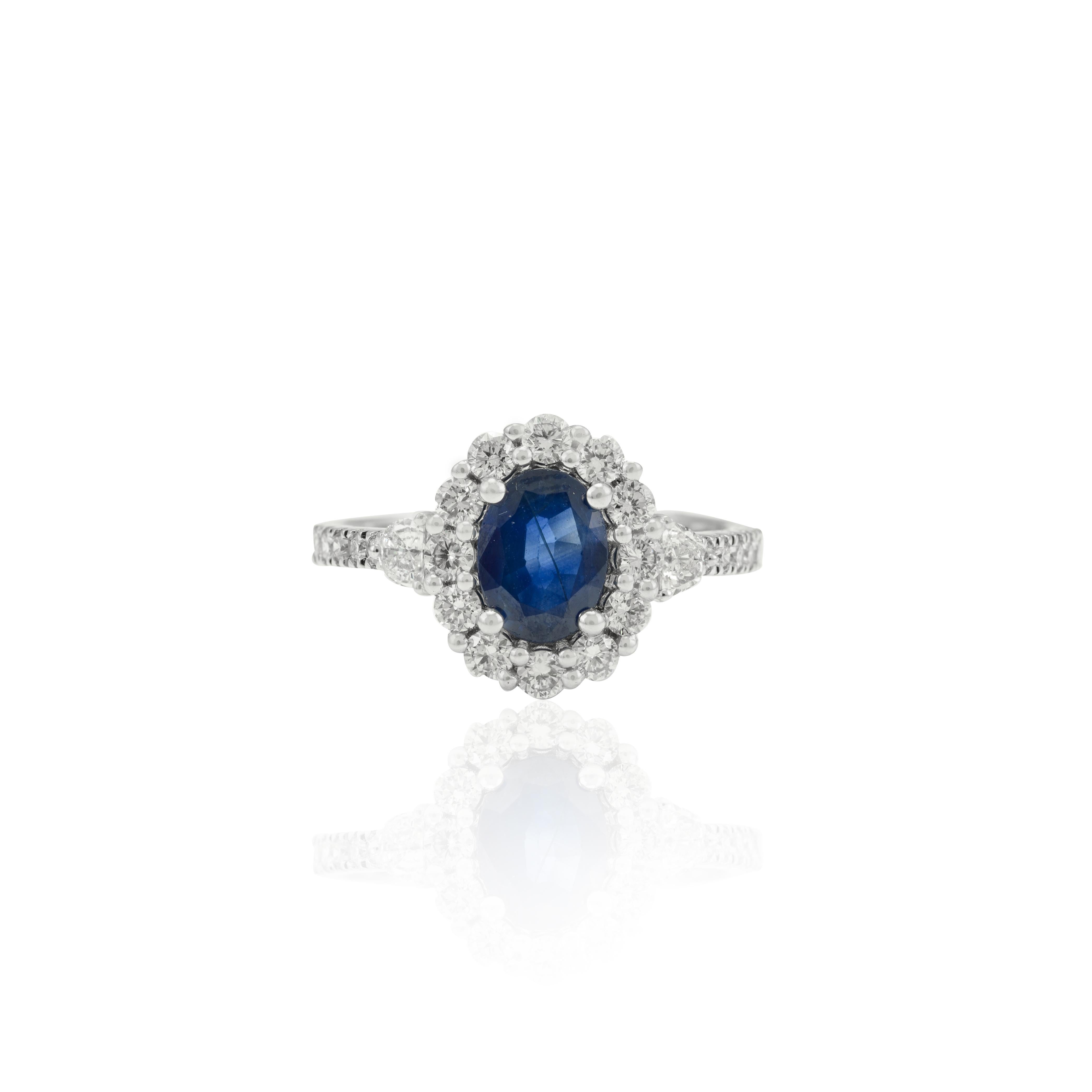 For Sale:  Natural Blue Sapphire Halo Ring with Cluster of Diamonds 18k White Gold 6