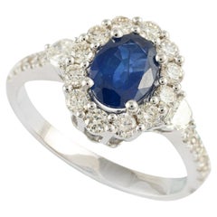 Natural Blue Sapphire Halo Ring with Cluster of Diamonds 18k White Gold