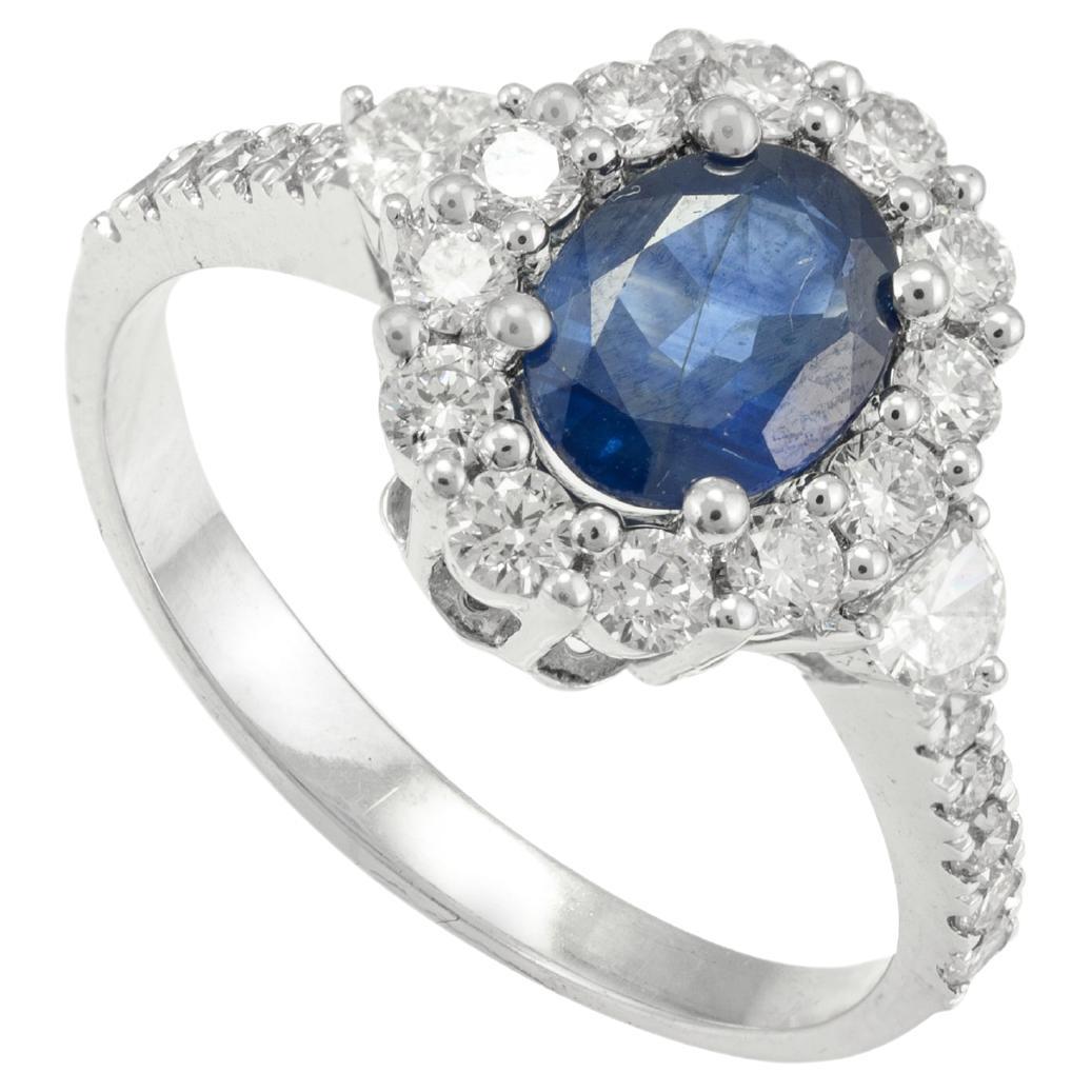 Natural Blue Sapphire Halo Ring with Cluster of Diamonds 18k White Gold