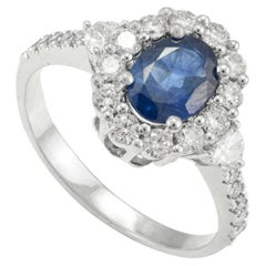 Natural Blue Sapphire Halo Ring with Cluster of Diamonds 18k White Gold