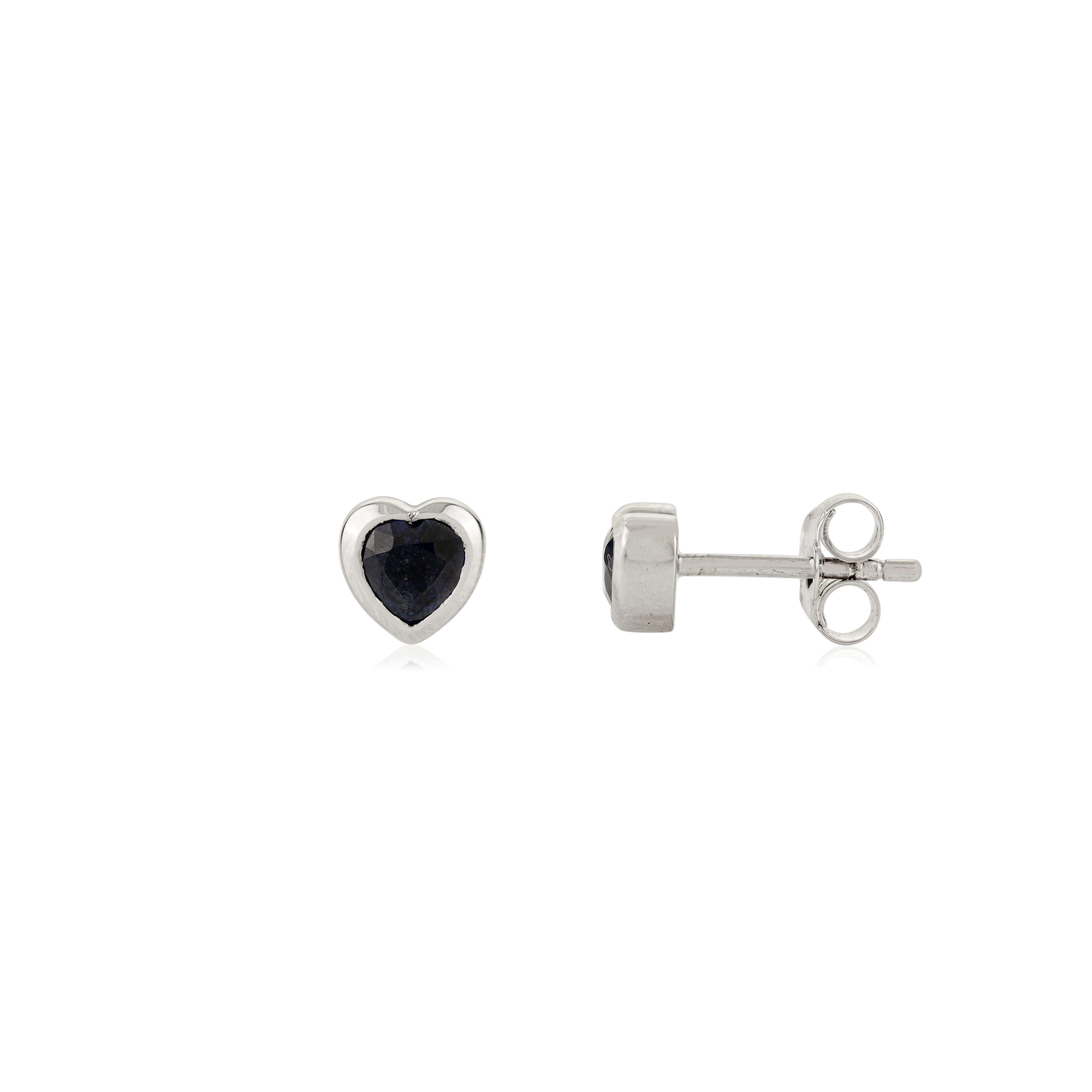 Natural Blue Sapphire Heart-Shaped Stud Earrings in 14k White Gold Romantic Gift For Sale 1