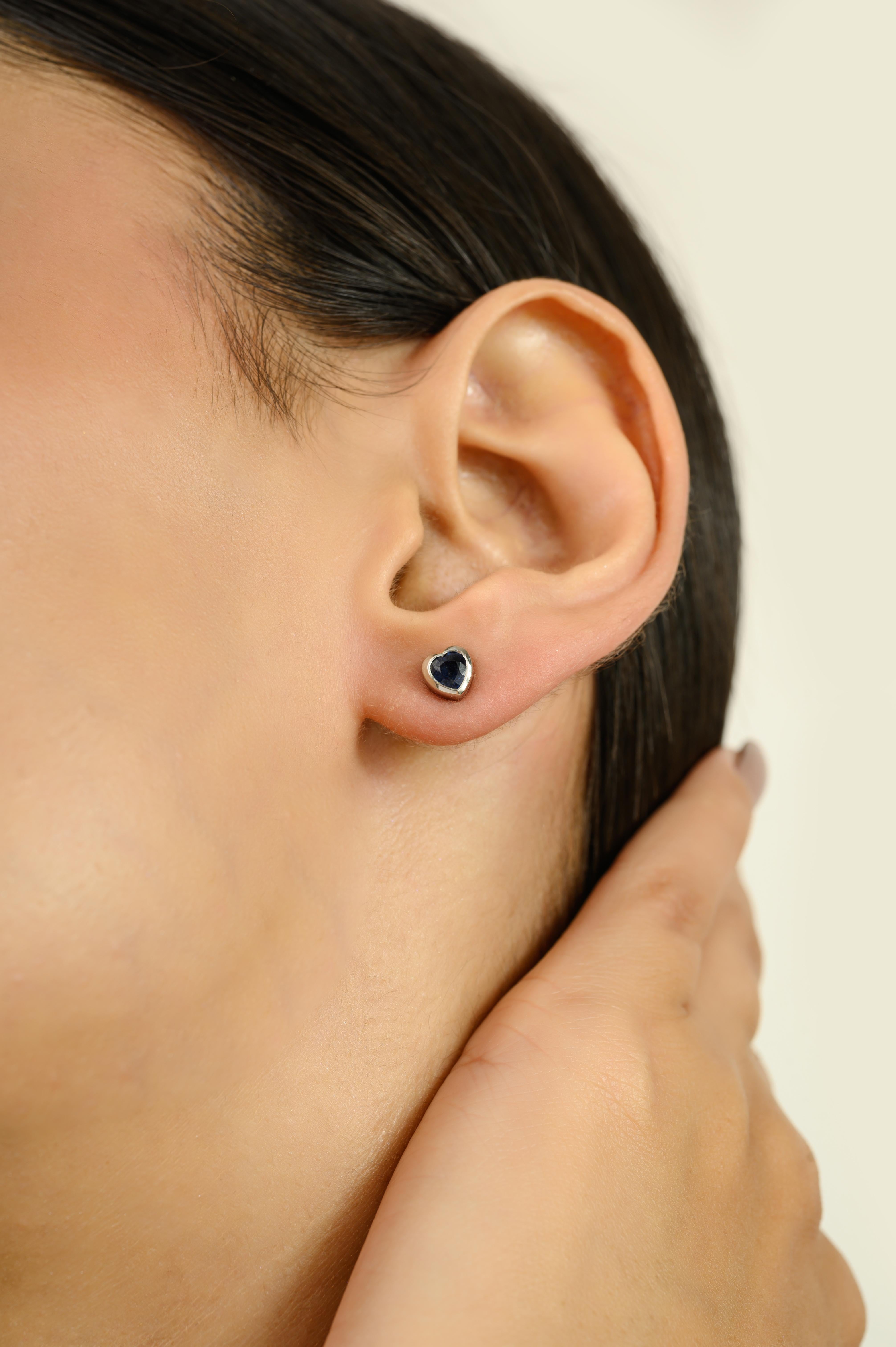 Natural Blue Sapphire Heart-Shaped Stud Earrings in 14k White Gold Romantic Gift For Sale 2