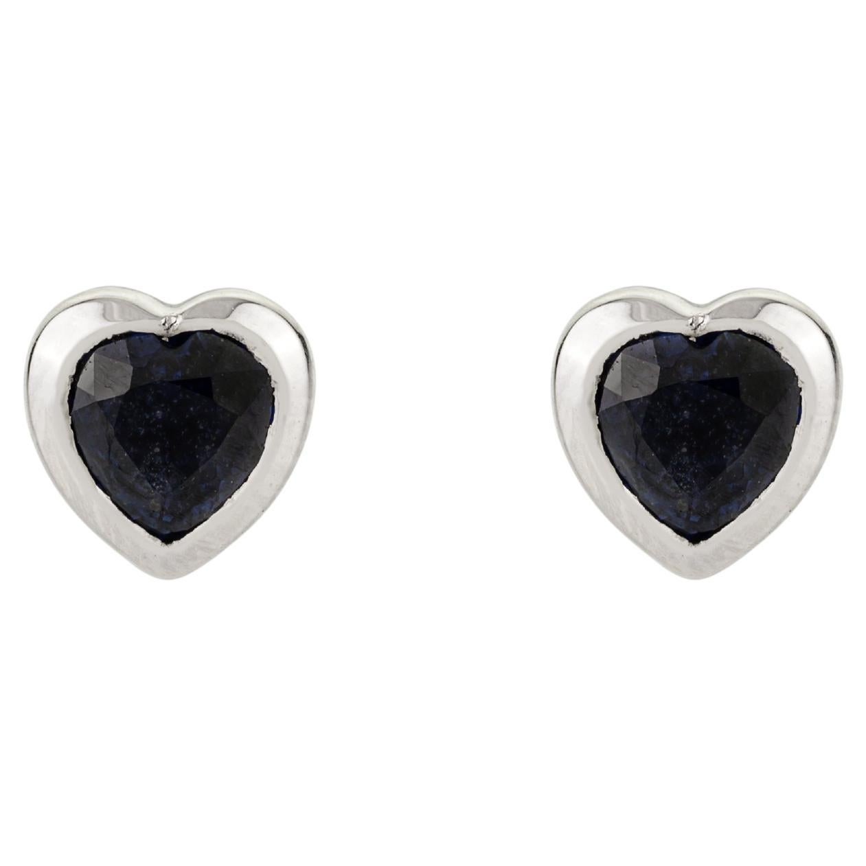 Natural Blue Sapphire Heart-Shaped Stud Earrings in 14k White Gold Romantic Gift For Sale