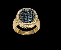 Natural Blue Sapphire Invisible/Mystery Set & Diamond 18 Karat Gold Yellow Ring