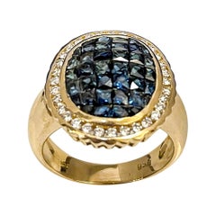 Natural Blue Sapphire Invisible/Mystery Set & Diamond 18 Karat Gold Yellow Ring