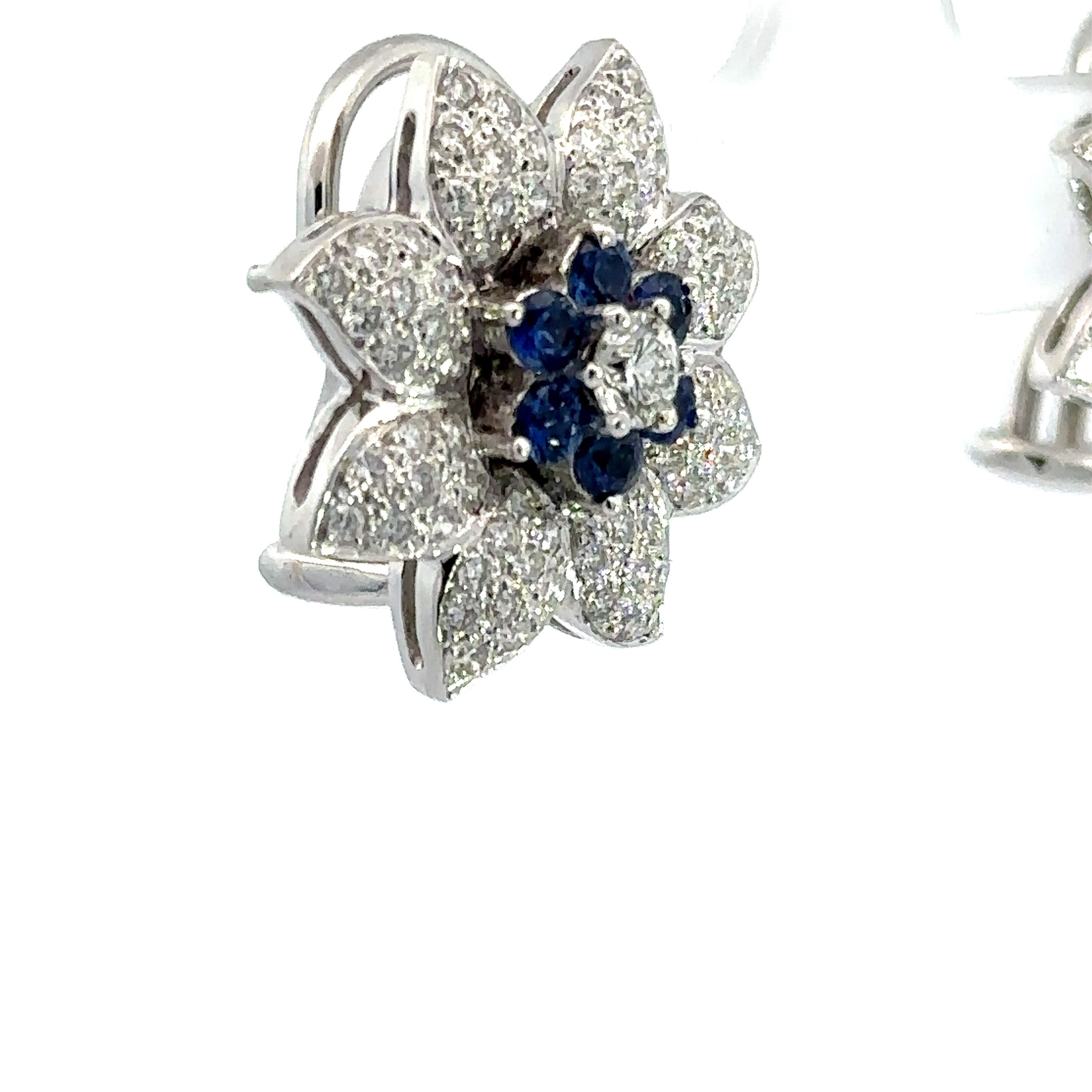 Contemporary Natural Blue Sapphire & Natural Diamond Flower Earring in 18 Karat White Gold For Sale