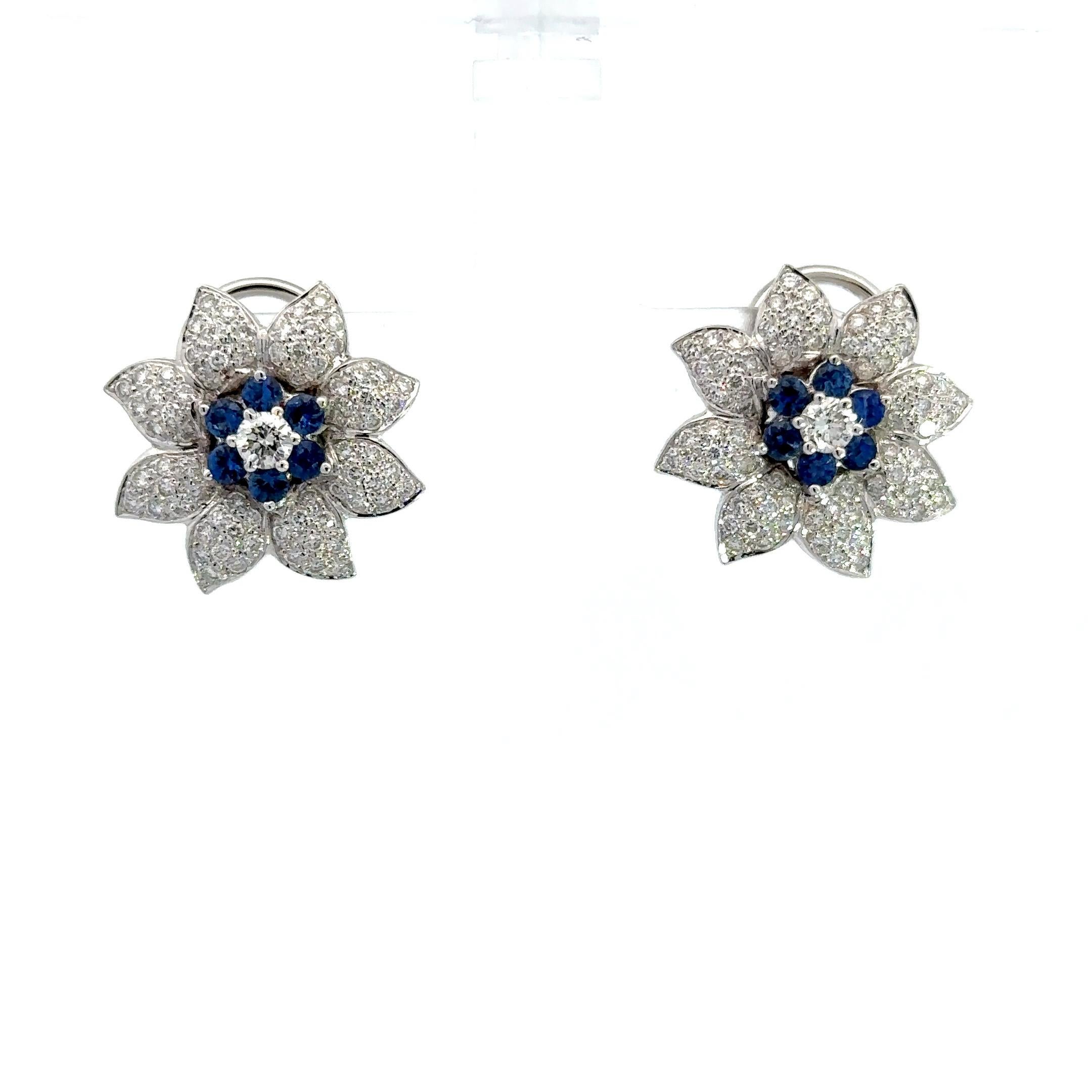 Round Cut Natural Blue Sapphire & Natural Diamond Flower Earring in 18 Karat White Gold For Sale