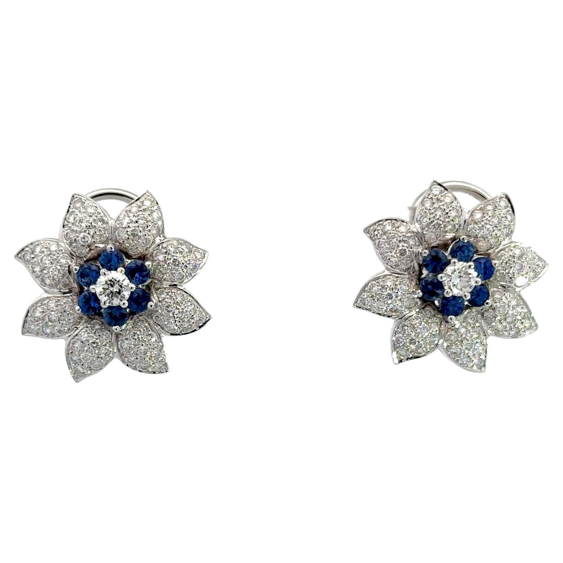 Natural Blue Sapphire & Natural Diamond Flower Earring in 18 Karat White Gold For Sale