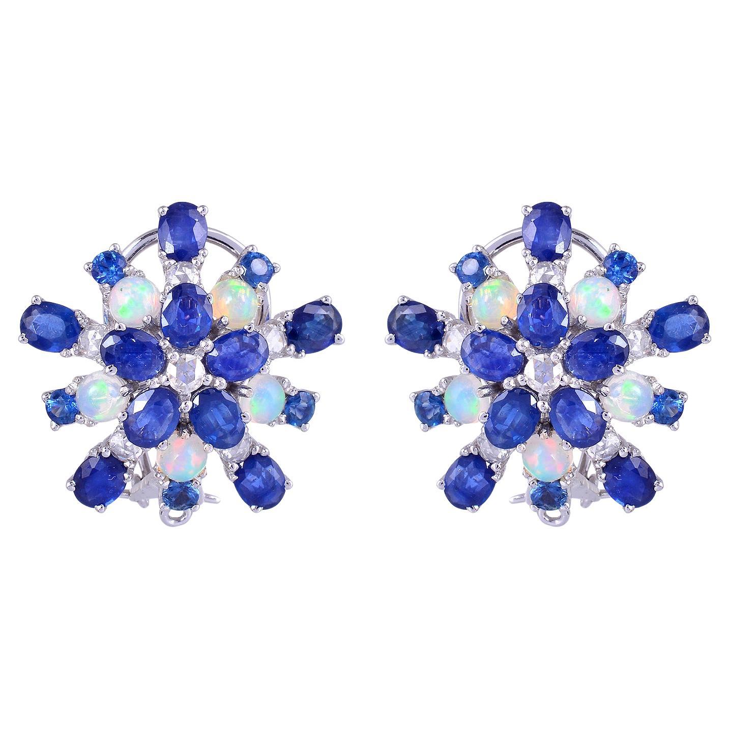 Natural Blue sapphire & Opal earring with diamond 0.77 cts in 18k gold