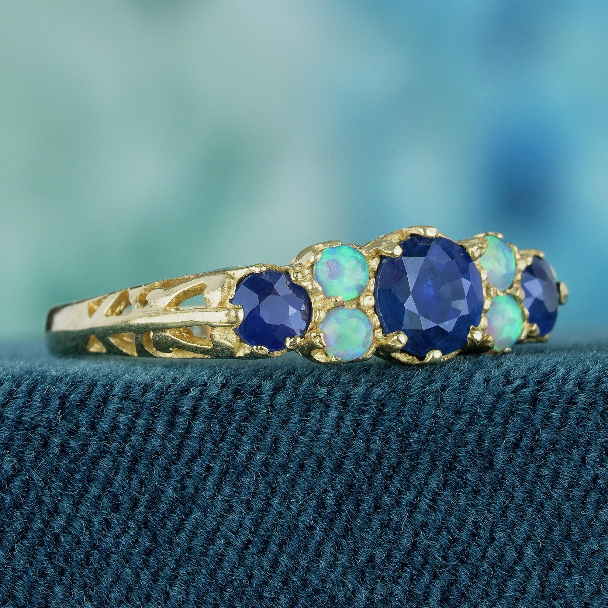 Filigraner Vintage-Ring aus massivem 9 Karat Gelbgold mit natürlichem blauem Saphir und Opal im Vintage-Stil (Edwardian) im Angebot