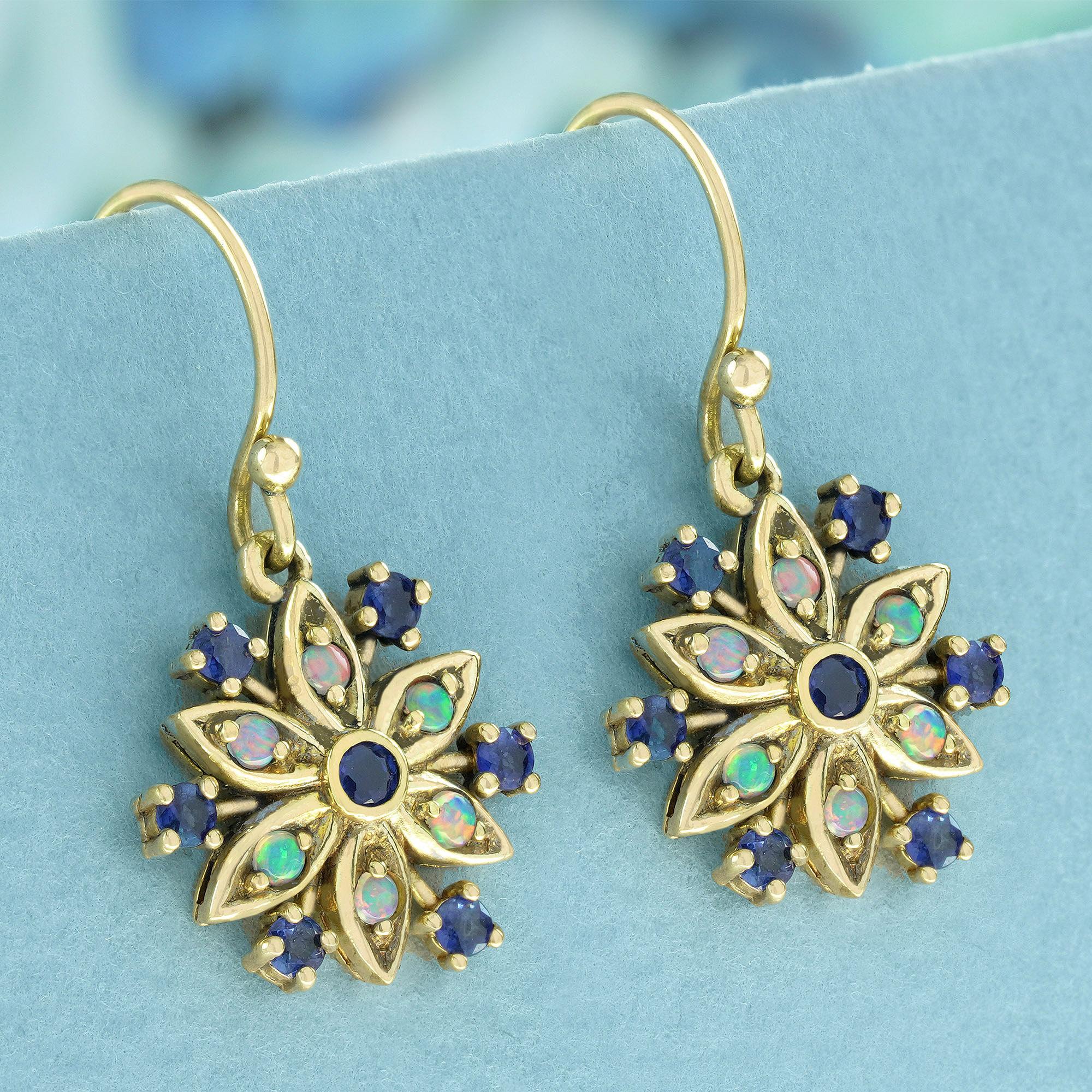 Edwardian Natural Blue Sapphire Opal Vintage Style Floral Cluster Drop Earrings in 9K Gold For Sale