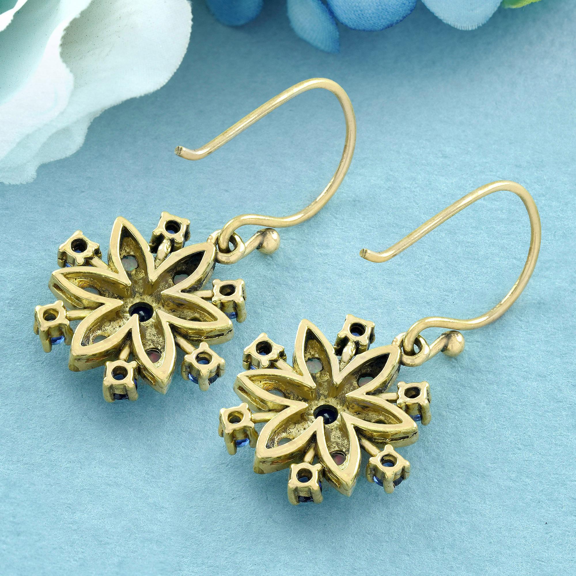 Round Cut Natural Blue Sapphire Opal Vintage Style Floral Cluster Drop Earrings in 9K Gold For Sale