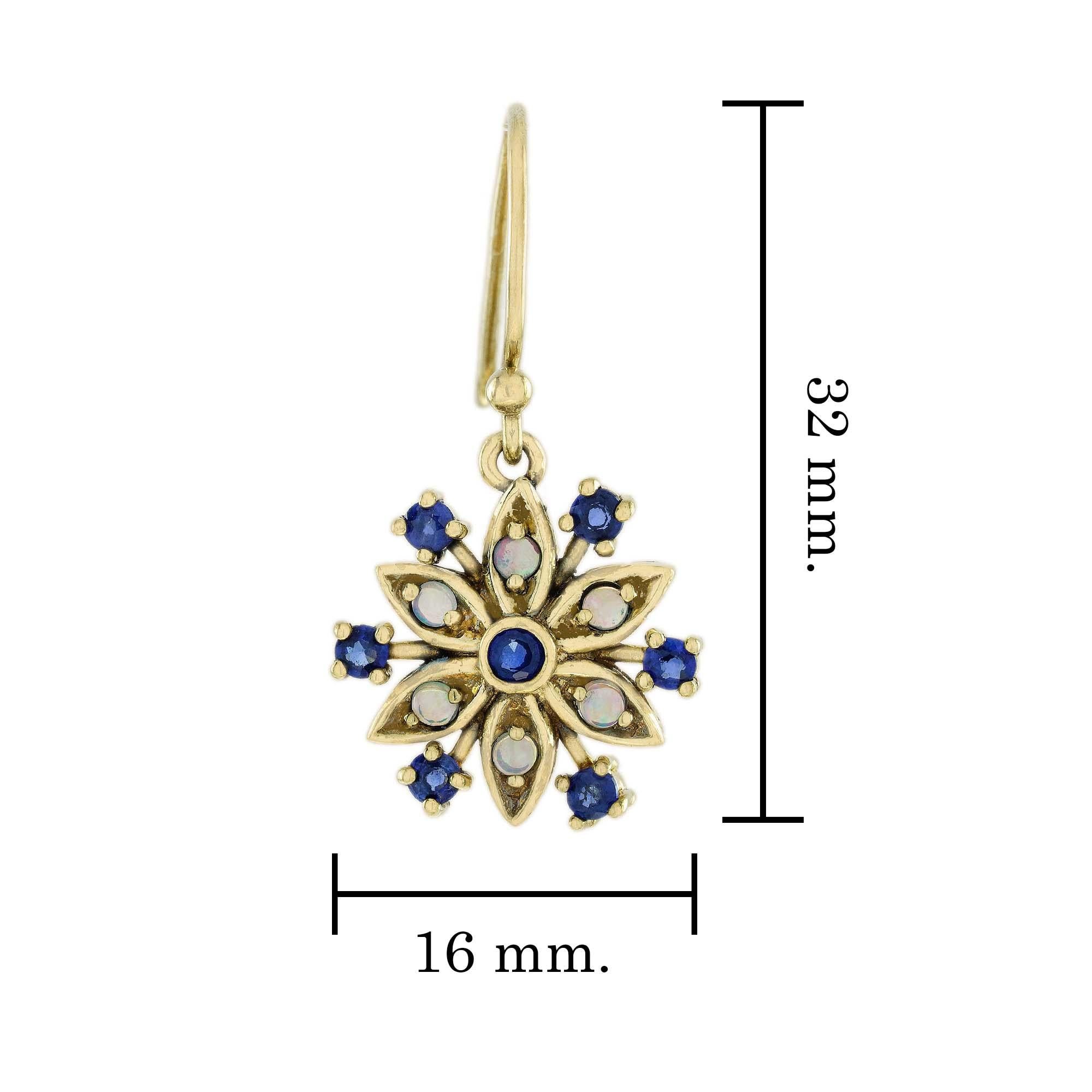 Natural Blue Sapphire Opal Vintage Style Floral Cluster Drop Earrings in 9K Gold In New Condition For Sale In Bangkok, TH