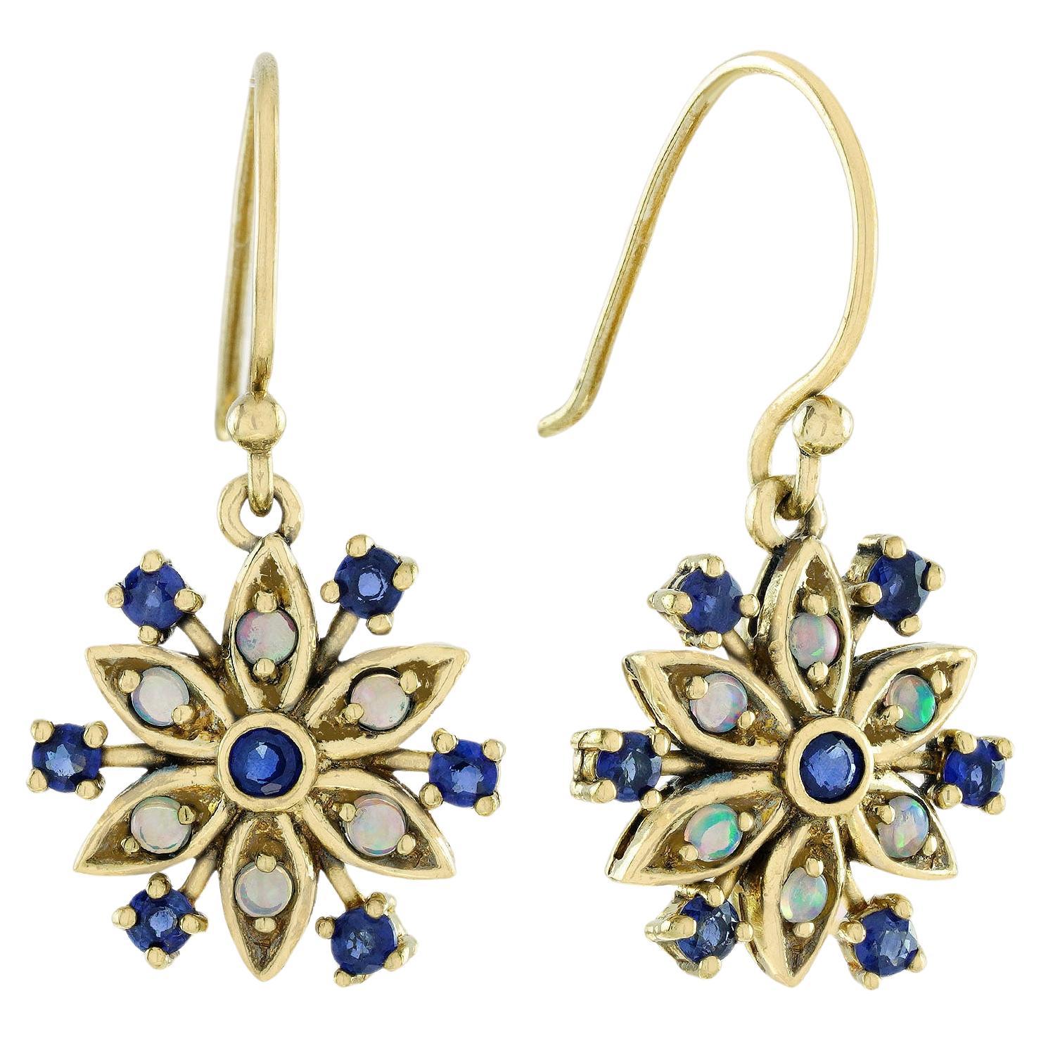 Natural Blue Sapphire Opal Vintage Style Floral Cluster Drop Earrings in 9K Gold For Sale