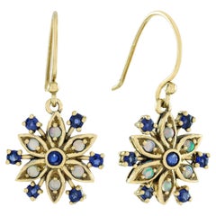 Natürlicher blauer Saphir Opal Vintage Stil Floral Cluster Tropfenohrringe in 9K Gold