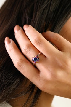 Natural Blue Sapphire & Rainbow Sapphire Floral Cluster Ring in 14K White Gold