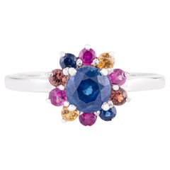 Natural Blue Sapphire & Rainbow Sapphire Floral Cluster Ring in 14K White Gold
