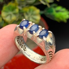 Natural Blue Sapphire Ring in 925 Sterling Silver Hand Engraved Vintage Style
