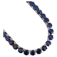 Natural Blue Sapphire Riviera Necklace, 14k White Gold, 43.73ct