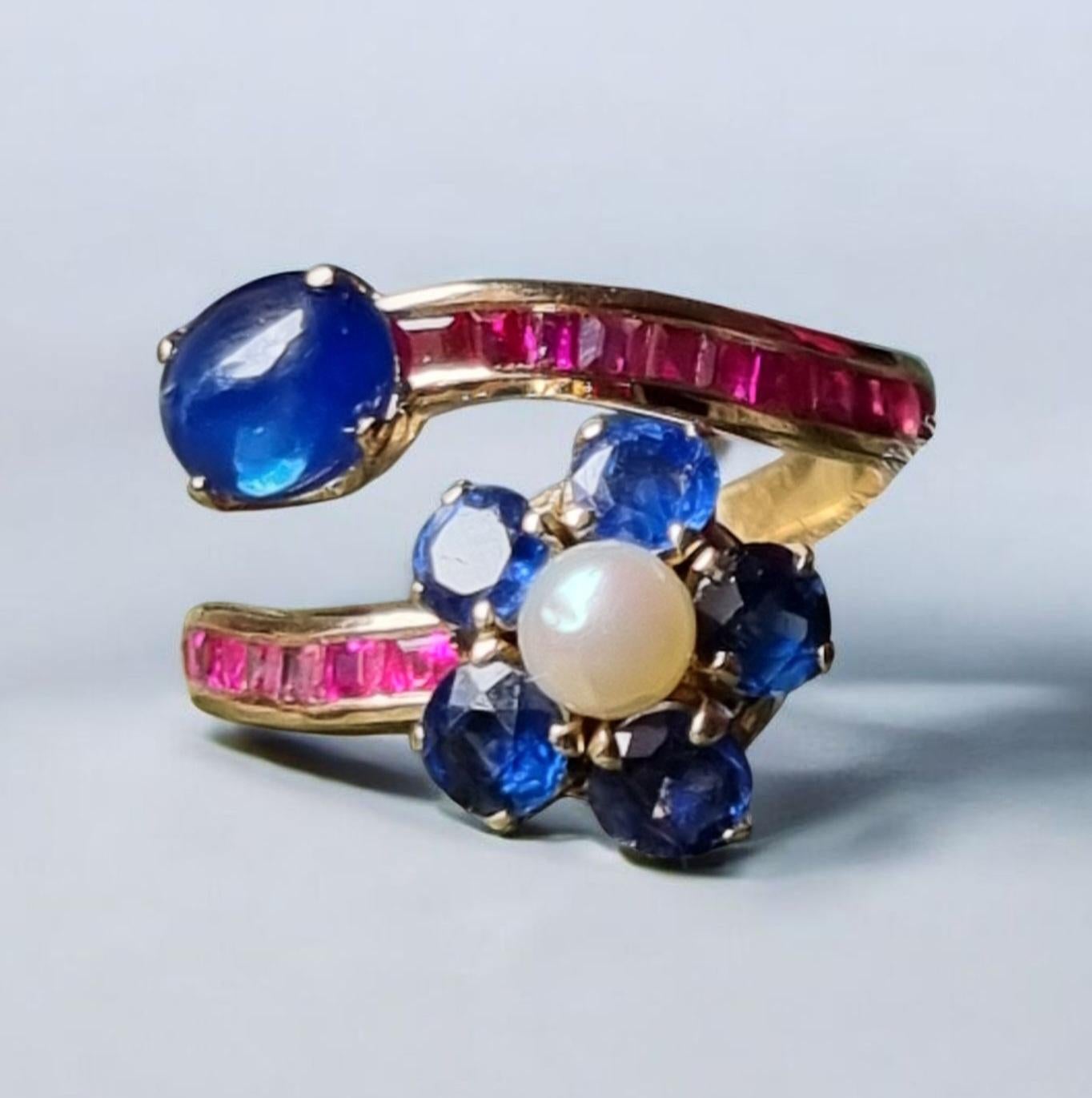 Natural  Blue Sapphire, Ruby and pearl  Bypass Ring in 18 Karat Gold For Sale 5