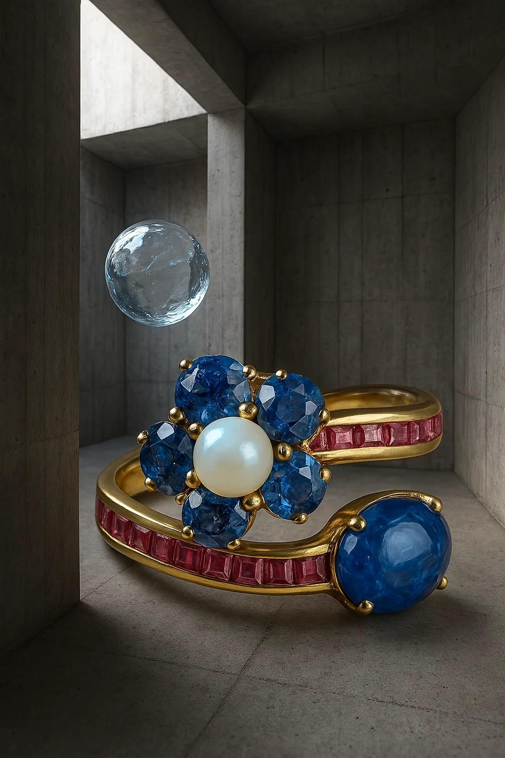 Natural  Blue Sapphire, Ruby and pearl  Bypass Ring in 18 Karat Gold For Sale 7