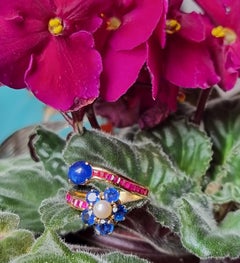 Natural  Blue Sapphire, Ruby and pearl  Bypass Ring in 18 Karat Gold