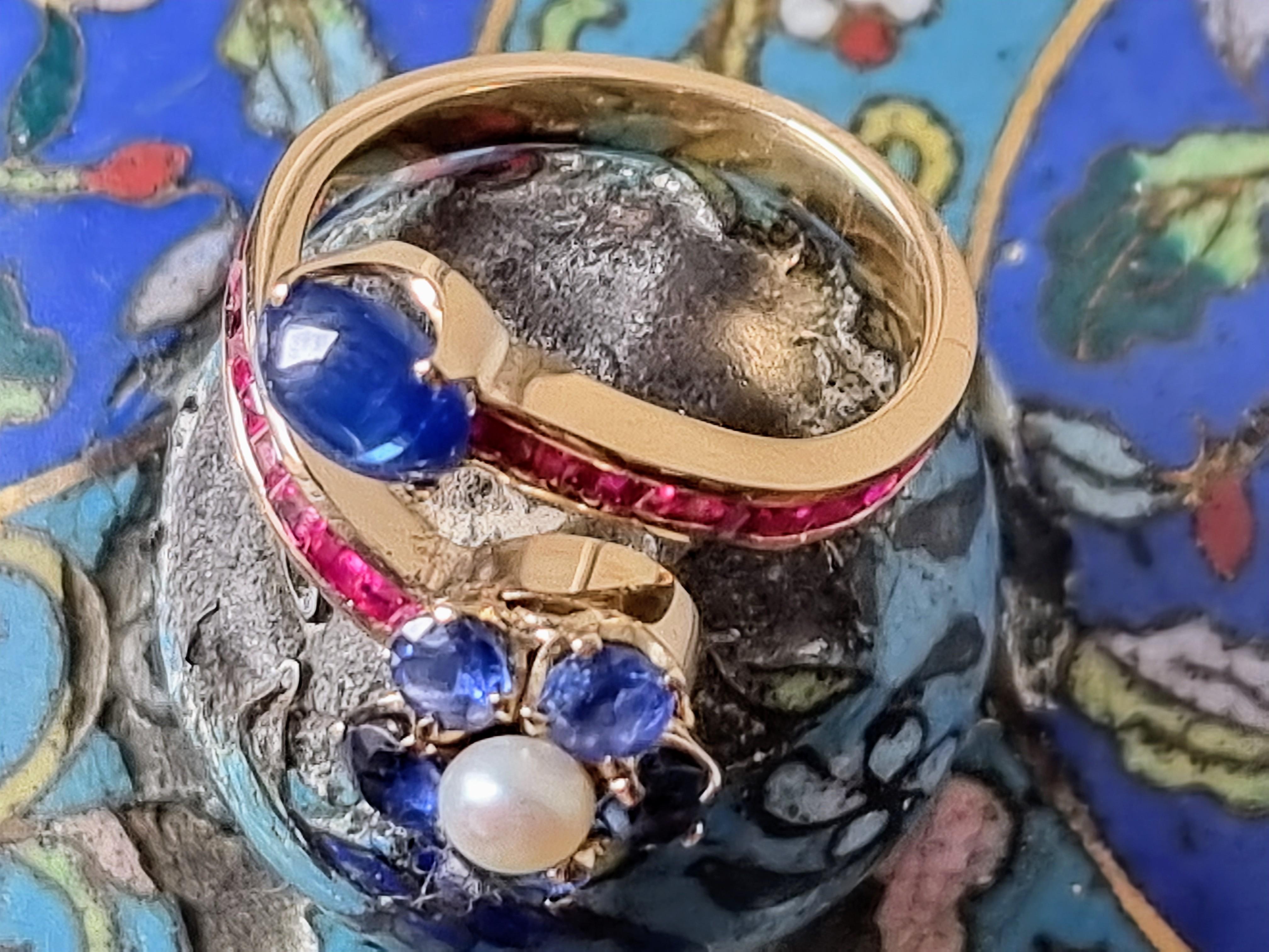 Cabochon Natural  Blue Sapphire, Ruby and pearl  Bypass Ring in 18 Karat Gold For Sale