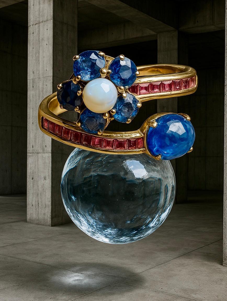 Natural  Blue Sapphire, Ruby and pearl  Bypass Ring in 18 Karat Gold In New Condition For Sale In OVIEDO, AS