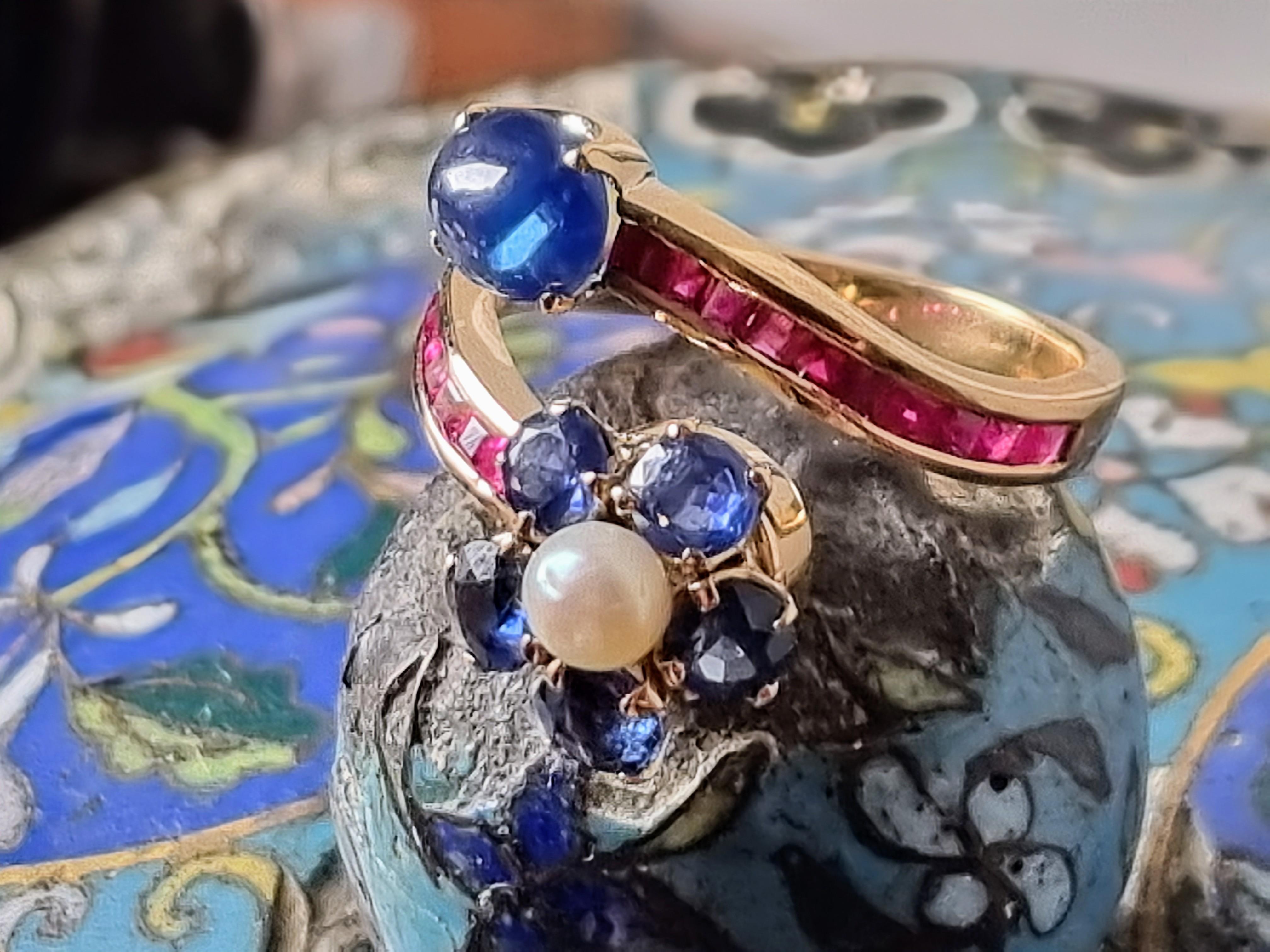 Women's Natural  Blue Sapphire, Ruby and pearl  Bypass Ring in 18 Karat Gold For Sale