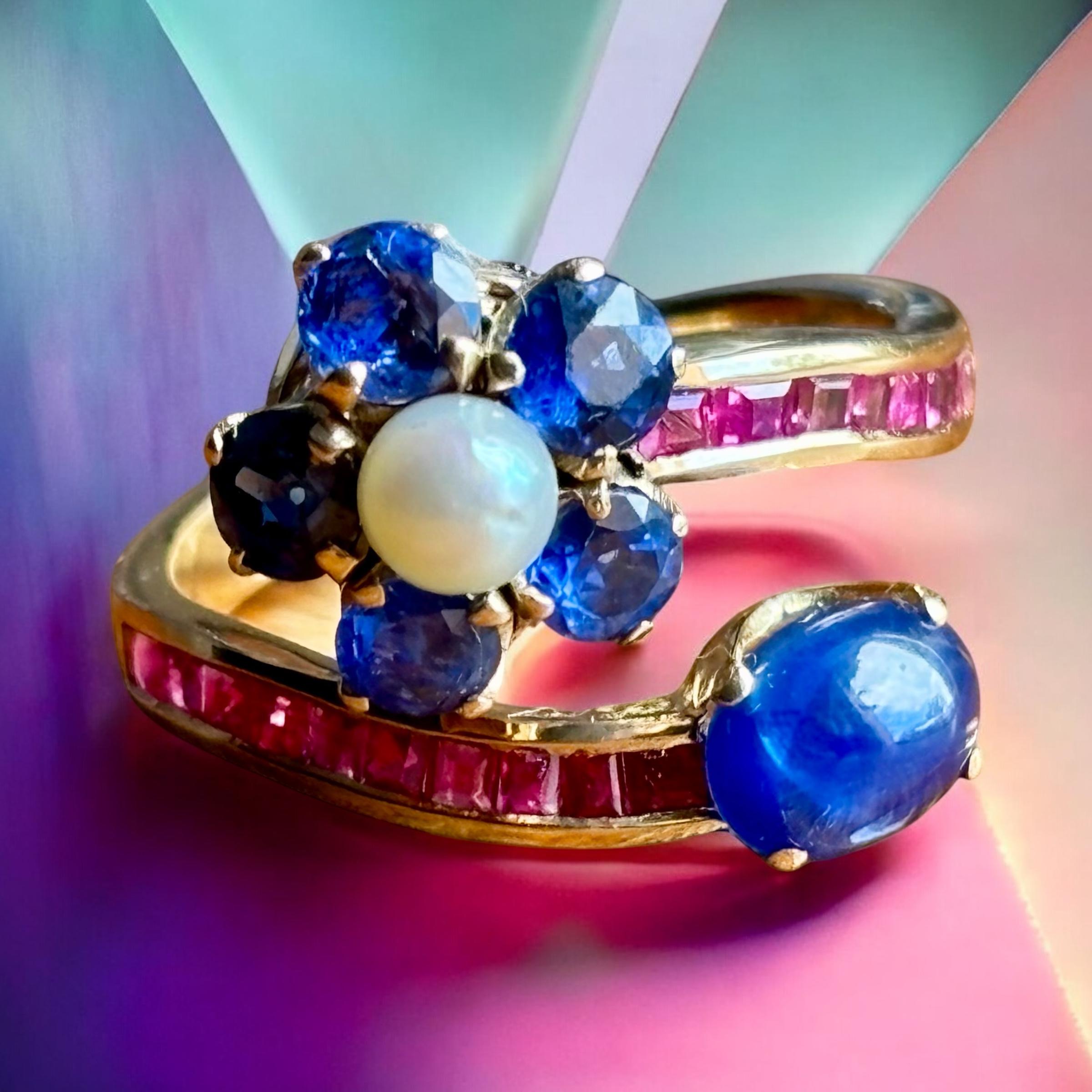 Natural  Blue Sapphire, Ruby and pearl  Bypass Ring in 18 Karat Gold For Sale 1