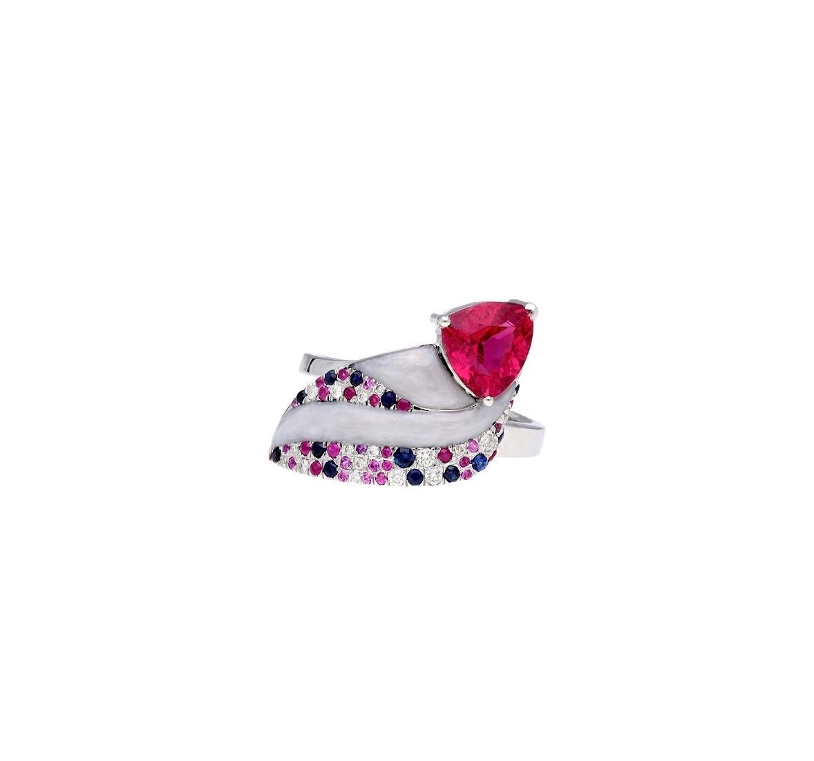 Ring aus blauem Saphir, Rubin, rosa Saphir, Turmalin und Diamant aus 18 Karat Gold (Asscher-Schliff) im Angebot