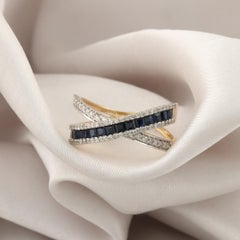 Natural Blue Sapphire SI/H Diamond Criss Cross Ring 14 Karat Yellow Gold Jewelry