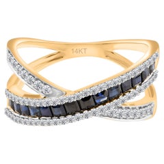 Natural Blue Sapphire SI/H Diamond Criss Cross Ring 14 Karat Yellow Gold Jewelry