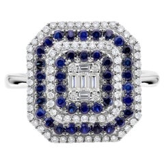 Natural Blue Sapphire SI/H Diamond Halo Cocktail Ring 18k White Gold