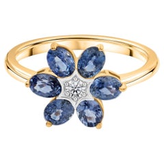 Nature Blue Sapphire SI/H Diamond Ring 14 Karat Yellow Gold Handmade Jewelry (bague en saphir bleu naturel et diamant)