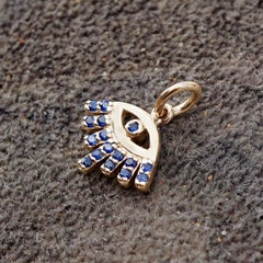 Natural Blue Sapphire Solid 14k Yellow Gold Evil Eye Protection Charm Pendant