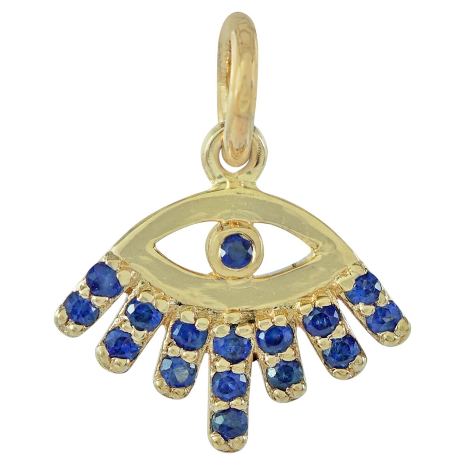 Charme protettivo contro il malocchio in oro giallo massiccio 14k con zaffiro blu naturale