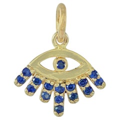 Natural Blue Sapphire Solid 14k Yellow Gold Evil Eye Protection Charm Pendant