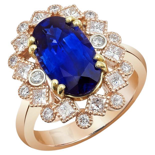 Zaffiro blu naturale da 4,05 carati in anello 14KR&YG con diamanti / Rapporto GIA